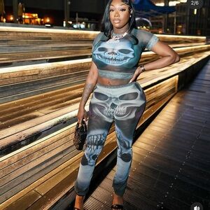 Edgy Skull Print Leggings Set - Black and Gray